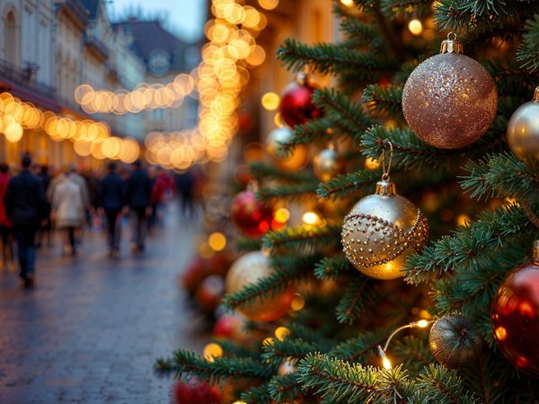 Teil eines festlich geschmückten Weihnachtsbaums in einer weihnachtlich dekorierten Fußgängerzone