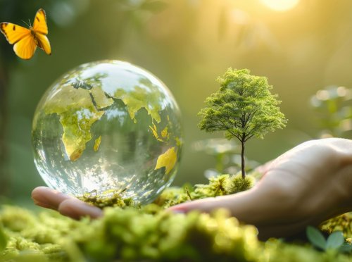 Eine Hand hält eine gläserne Erdkugel, neben der ein kleiner grüner Baum wächst
