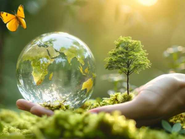 Eine Hand hält eine gläserne Erdkugel, neben der ein kleiner grüner Baum wächst