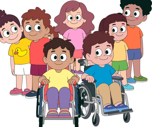 Comic-Darstellung: Kindergruppe, zwei sitzen im Rollstuhl