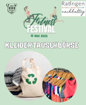 Kleidungsstücke auf Kleiderbügeln, das Logo des TV Ratingen und von Ratingen.nachhaltig e.V. Flyer für eine Kleidertauschparty für Sportkleidung