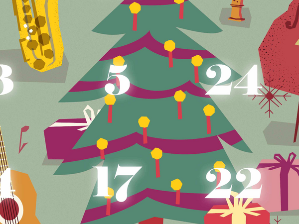 Adventskalender mit Tannenbaum und Instrumenten