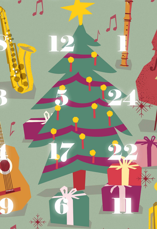 Adventskalender mit Tannenbaum und Instrumenten