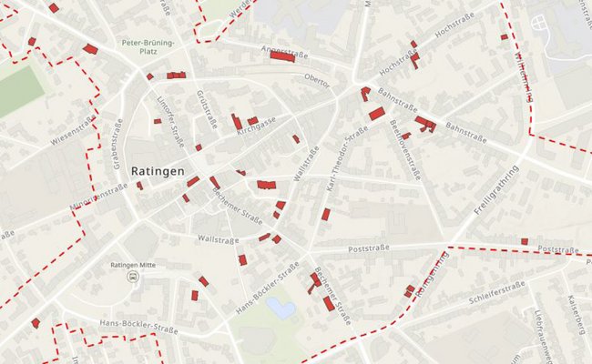 Ausschnitt Karte mit rot eingefärbten Gebäuden