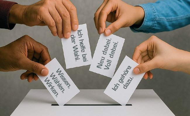 Hände die Zettel mit Slogans zur demokratischen Beteiligung in eine Wahlurne werfen.