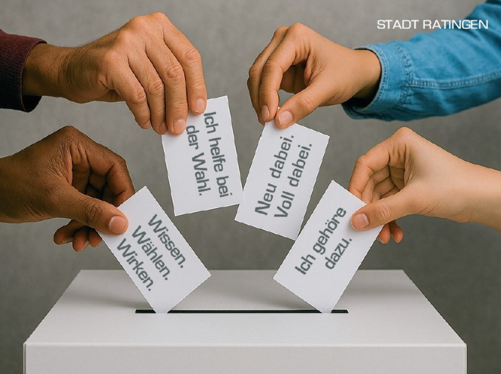 Hände die Zettel mit Slogans zur demokratischen Beteiligung in eine Wahlurne werfen.