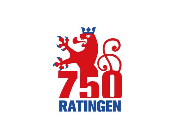 Logo des Stadtjubiläums. Löwe mit Schriftzug 750 Jahre Ratingen
