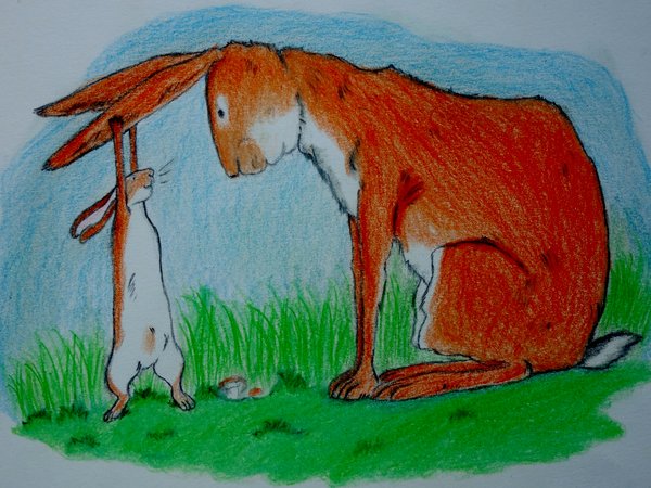 Zeichnung: kleiner Hase zieht einem großen Hasen an den Ohren