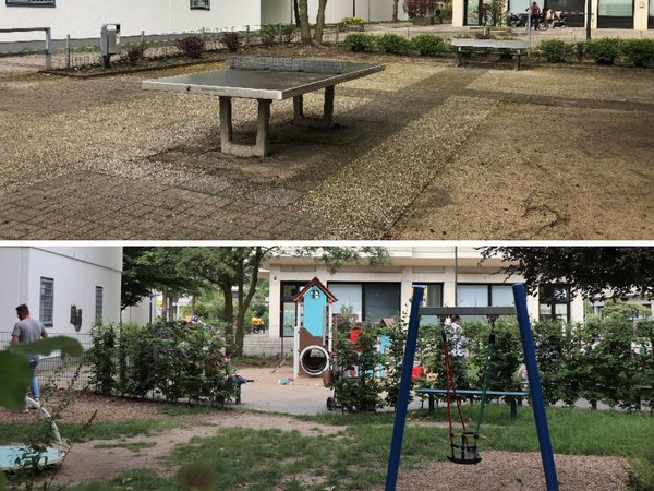 Collage mit zwei Bildern eines Spielplatzes vor und nach dem Umbau