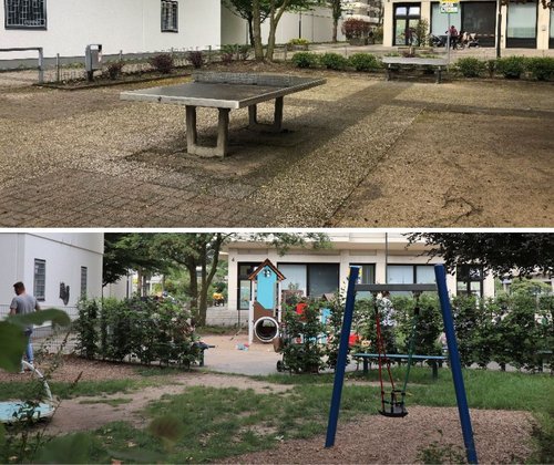 Collage mit zwei Bildern eines Spielplatzes vor und nach dem Umbau