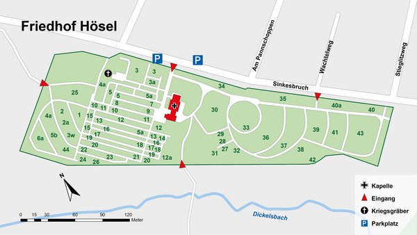 Übersichtsplan mit Grabfeldern des Friedhofs Hösel