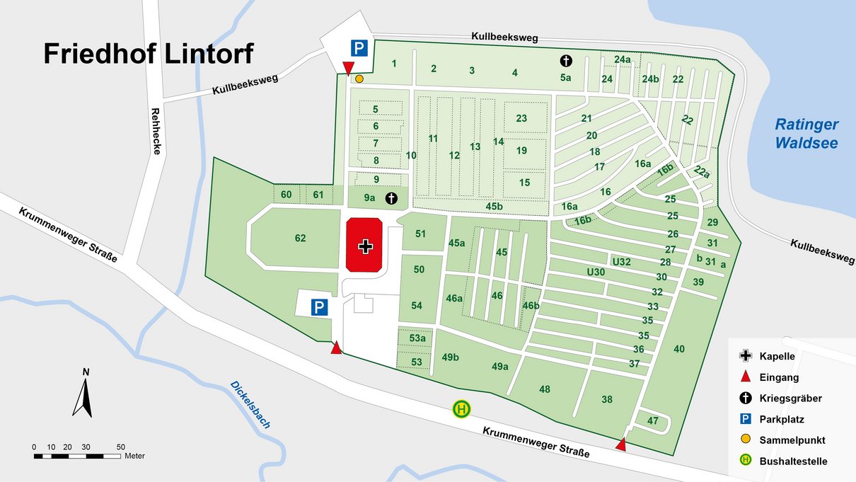 Übersichtsplan mit Grabfeldern des Friedhofs Lintorf