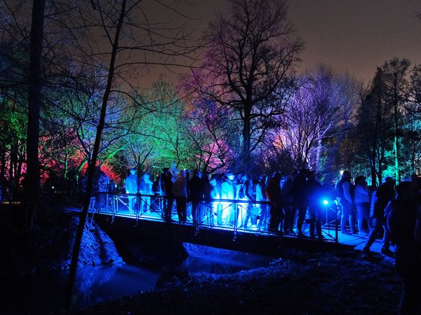 Illuminierte Bäume, Brücke mit Menschen