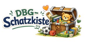 Logo des Nachhaltigkeitsmarkts "DBG-Schatzkiste". Man sieht einen Teddie-Bär und andere Spielsachen aus einer geöffeneten Schatzkiste schaeun 