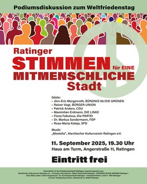 Plakat zur Veranstaltung des Ratinger Friedensnetzwerks am 11.09. "Ratinger Stimmen für eine mitmenschliche Stadt"