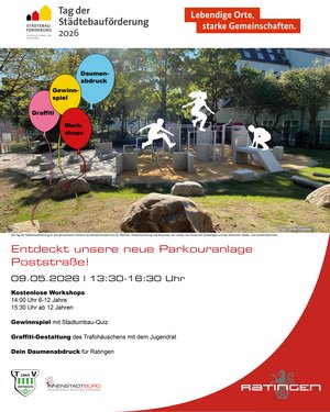 Plakat zum Tag der Städtebauförderung am 9.5.2026 von 13:30 bis 16:30 Uhr auf der Parcouranlage Posstraße