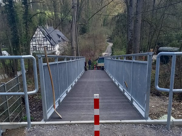 Fußgänger-Stahlbrücke führt in Waldgebiet