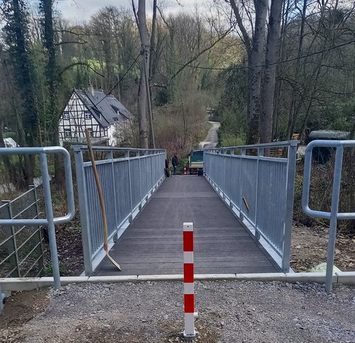 Fußgänger-Stahlbrücke führt in Waldgebiet