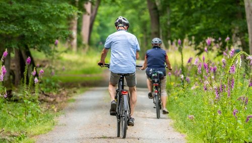 Mann und Frau radeln im Grünen