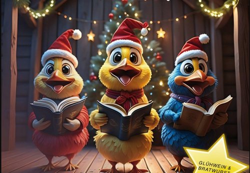 Drei Enten mit Weihnachtsmützen halten ein Gesangsbuch in den Händen 