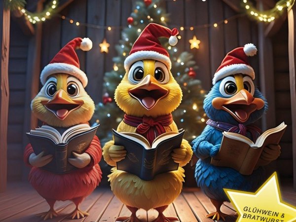 Drei Enten mit Weihnachtsmützen halten ein Gesangsbuch in den Händen 