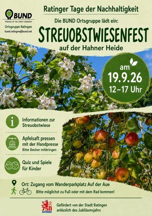 Blühende Apfelbäume und die Details zum BUND-Streuobstwiesenfest am 19.9. von 11-17 Uhr an der Hahner Heide sind auf dem Veranstaltungsflyer zu sehen.