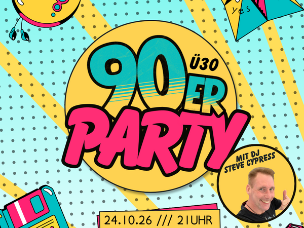 Plakat für eine 90er-Jahre-Party in grellen Farben