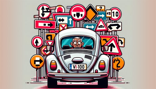 Karikaturbild mit Auto und vielen Verkehrsschildern