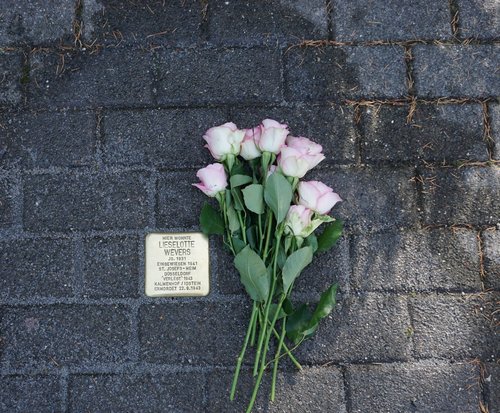 Neben dem Stolperstein liegt ein Strauß Rosen  