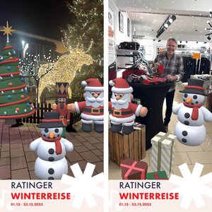 Zwei Fotos mit digital erstellten weihnachtlichen Figuren in der Ratinger Innenstadt (links: Rathausplatz und rechts: In einem Modegeschäft)