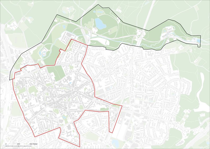 Karte mit Gebietsumgrenzungen von Teilbereich A und B
