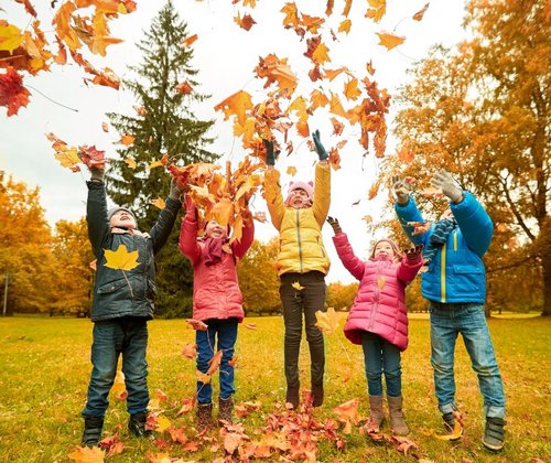 Kinder werfen Laub in die Luft 
