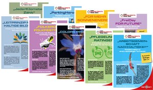 Alle sieben Poster, die die eingereichten Projekte für den Ratinger Nachhaltigkeitspreis 2024 darstellen werden in Miniaturformat gezeigt. 