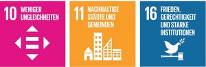 Icons der UN-Nachhaltigkeitsziele 10, 11 und 16
