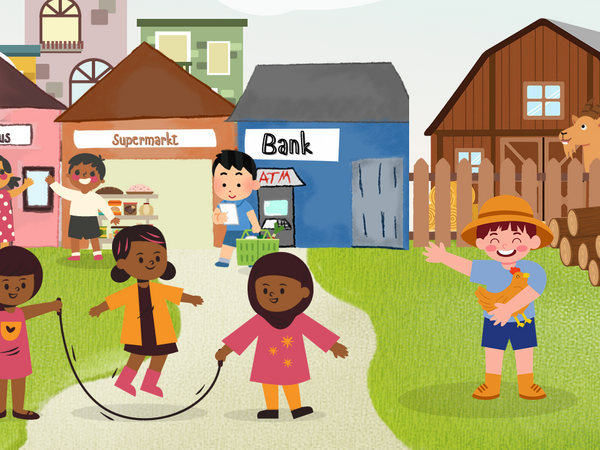 Kinder und Häuser als bunte Zeichnung