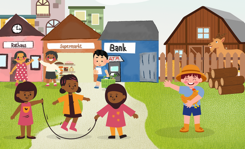 Kinder und Häuser als bunte Zeichnung