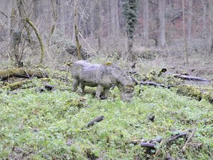 Pferdeskulptur aus Beton von Johannes Brus auf einer Lichtung im Wald 