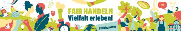 buntes Bild zur Fairen Woche 2025 mit unterschiedlichen Motiven wie Menschen und Pflanzen - Motto Vielfalt!