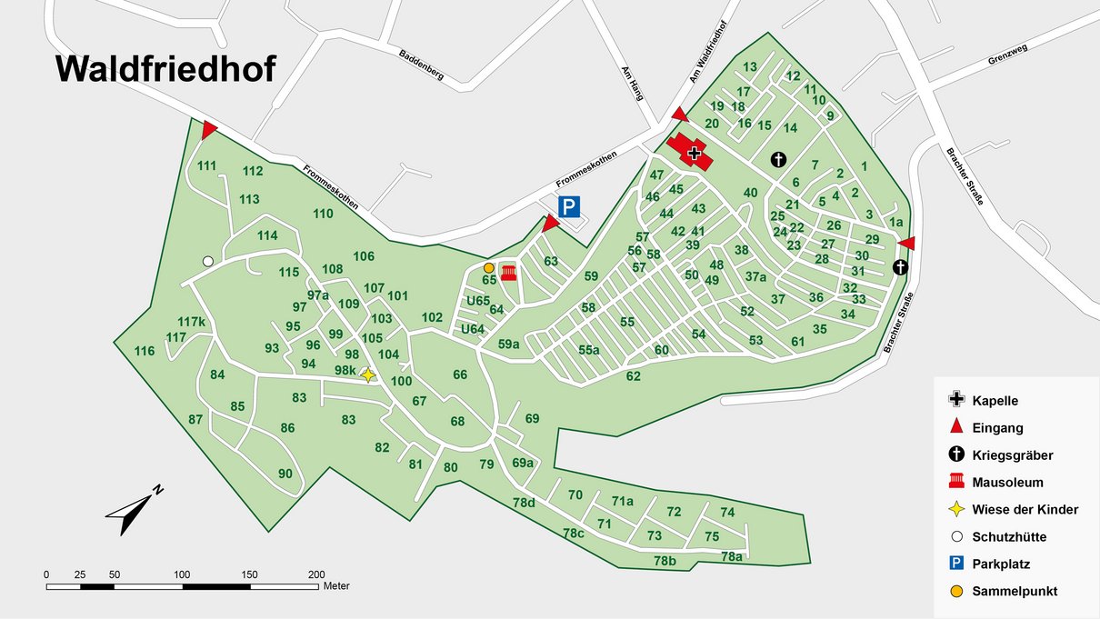 Übersichtsplan mit Grabfeldern des Waldfriedhofs