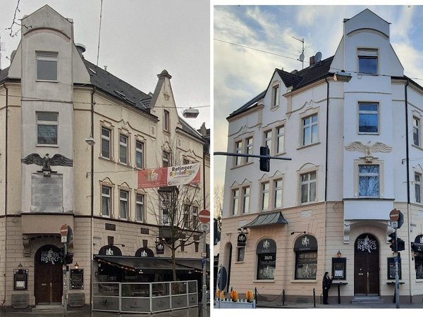 Collage: Gebäudefassade vorher und nachher