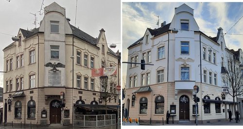 Collage: Gebäudefassade vorher und nachher