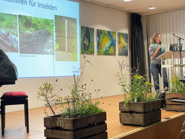 Frau steht am Rednerpult, auf der Bühne zwei Pflanzkübel