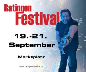 Plakat mit Termin des Ratingen Festivals 19.-21. September und Mann mit E-Gitarre