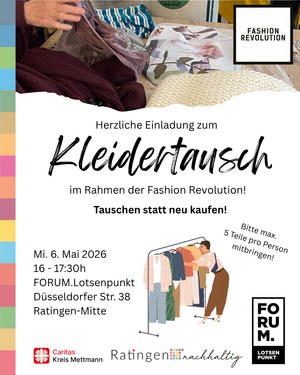 Informationsflyer zur Kleidertauschparty am 6.5.2026 um 16 Uhr im Forum Lotsenpunkt