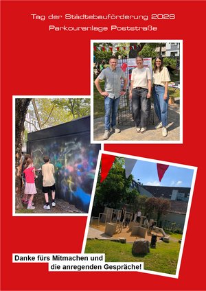 Bild zeigt eine Kollage mit Fotos des Tags der Städtebauförderung auf der Parkouranlage Poststraße. Kinder turnen auf der Parkouranlage, das Team des Innenstadtbüros wird gezeigt und Kinder gestalten ein Traffohäuschen mit Graffiti