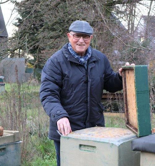 Mann mit Bienenstock