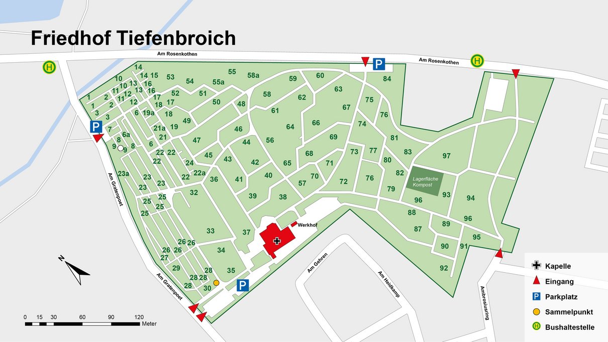 Übersichtsplan mit Grabfeldern des Friedhofs Tiefenbroich