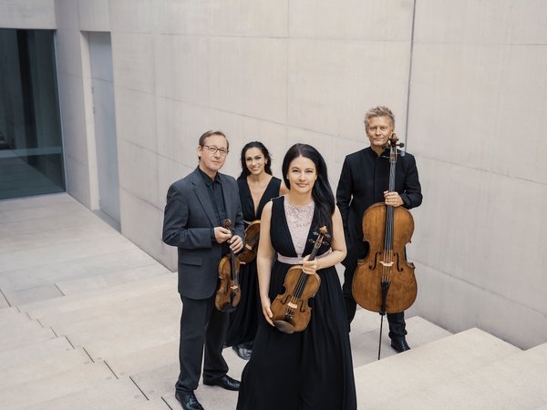 Vier Musikerinnen und Musiker in eleganter Robe mit ihren Streichinstrumenten