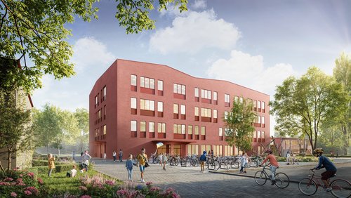 Außenansicht eines rötlichen Gebäudes