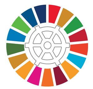 Logo Netzwerk für ein Nachhaltiges Ratingen, Ratingen-Rad in Kreis aus SDG-Farben